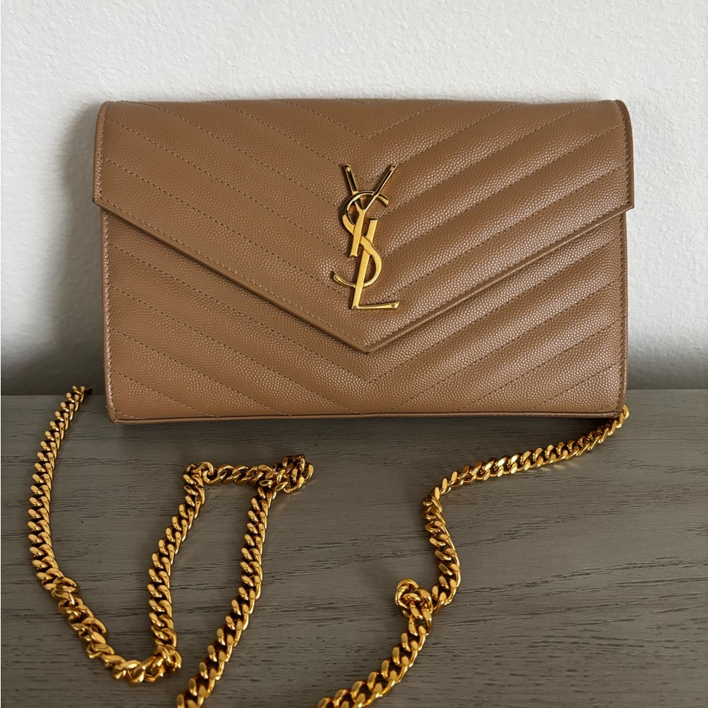 Yves Saint Laurent Brown Leather Clutch with Gold Chain